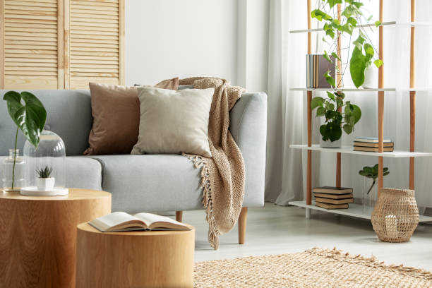 modern living room in natural, botanical style